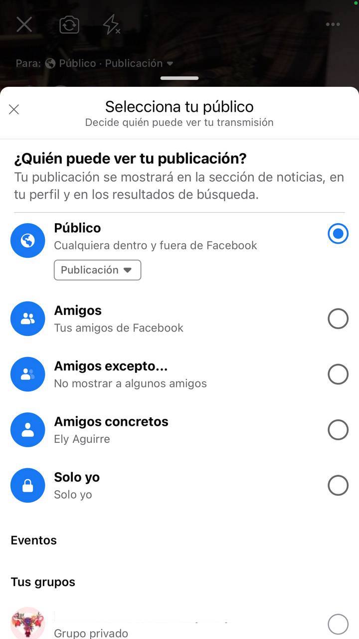 Cómo transmitir en vivo en Facebook: menú para seleccionar el público que podrá ver la transmisión