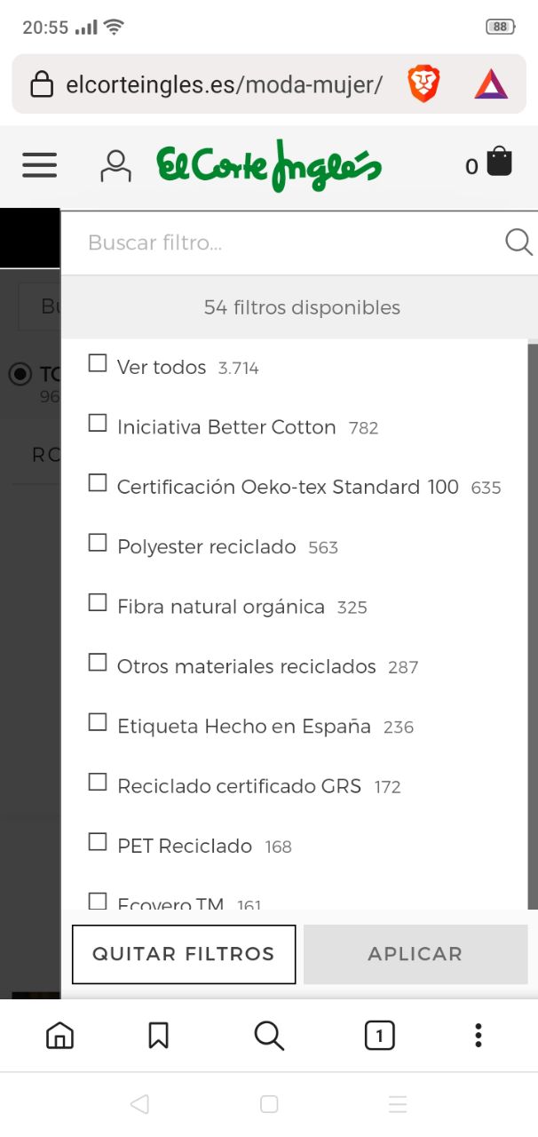 Tendencias de diseño web móvil: filtros de El Corte Inglés
