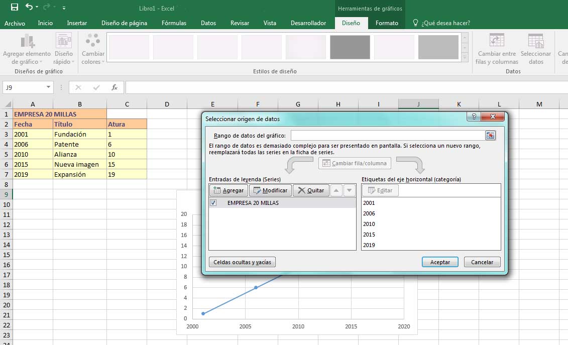 Ejemplo de cómo hacer línea de tiempo en Excel: seleccionar datos