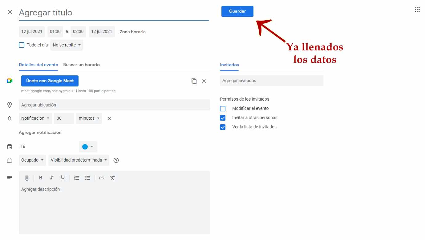 Cómo programar una reunión en Meet en el calendario