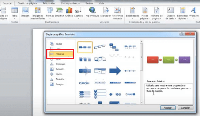 Cómo hacer una línea de tiempo en Word: opciones de gráfico