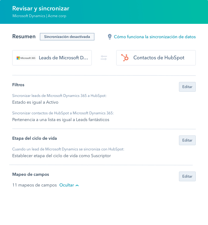 Software de sincronización de datos de HubSpot: criterios