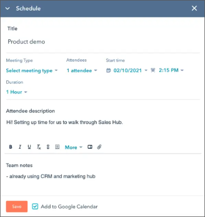 HubSpot meetings tool showing meeting setup options
