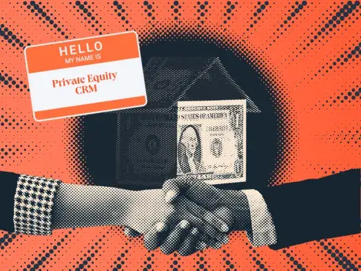a hubspot-branded featured image of two hands shaking with a faux house made out of two dollar bills, alongside a nametag that says ‘hello my name is private equity crm’