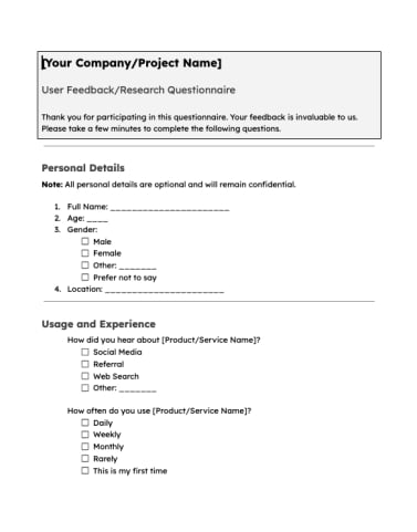Questionnaire template for Word