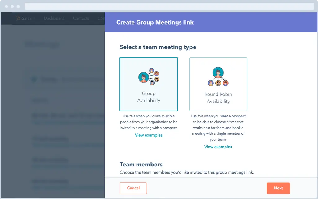 HubSpot meetings interface showing round robin and group meeting setup