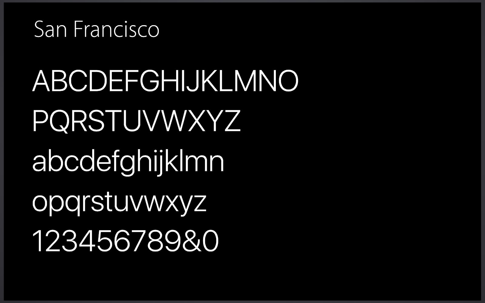 Demo card of Apple's proprietary typeface, called San Francisco