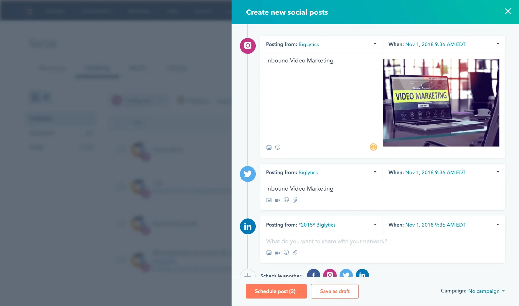 Social posts scheduled through HubSpot to various social channels