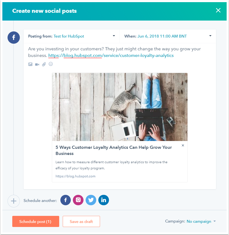 Social media post scheduled through HubSpot's software