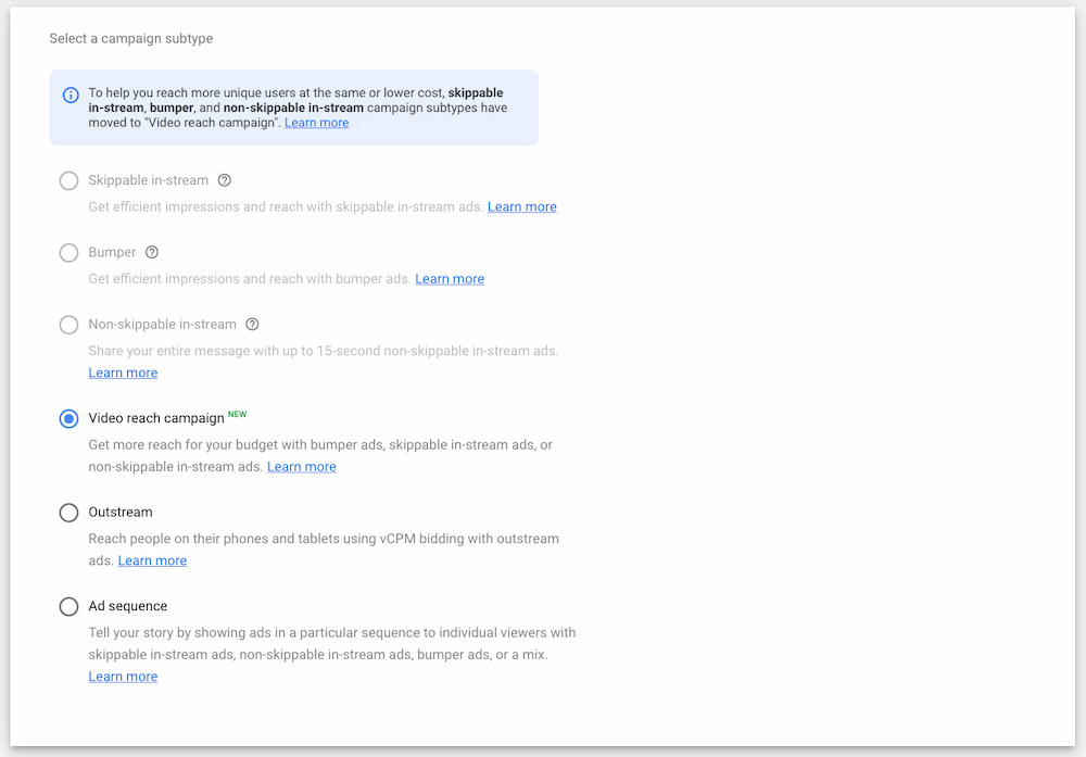 How to advertise on YouTube: Choose a campaign subtype