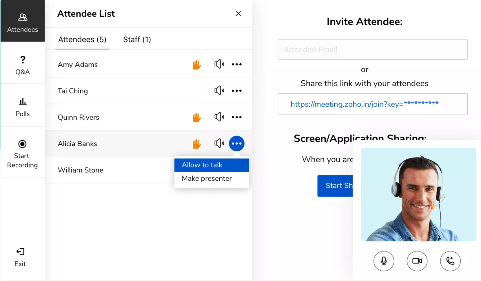 Zoho meeting attendee list dashboard